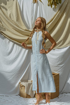 Evelyne Blue Linen Maxi Dress
