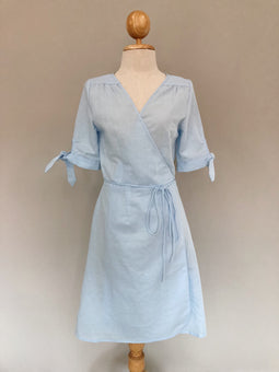 Clara Blue Cotton Linen Wrap Dress
